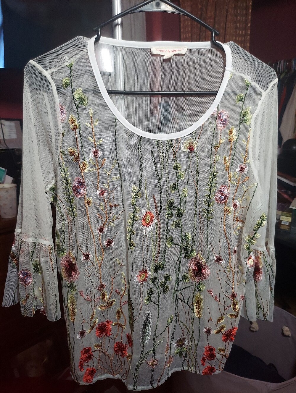 Grand And Green Botanical Spring Wildflower Embroidered Mesh Sheer Blouse M - Picture 3 of 8